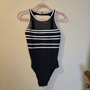 Sirena Womens Black White Striped Mesh High Neck One Piece Swimsuit Racerback